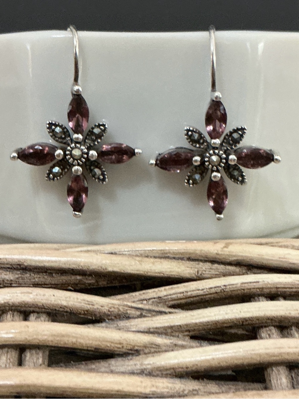 Sterling Silver Star Purple CZ Diamond And Marcasite Earrings Stamped 925